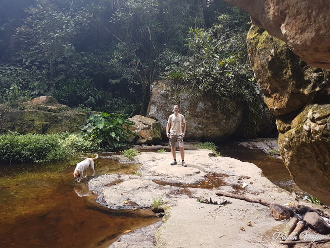 Rocas y mucha vegetación al rededor del salto.