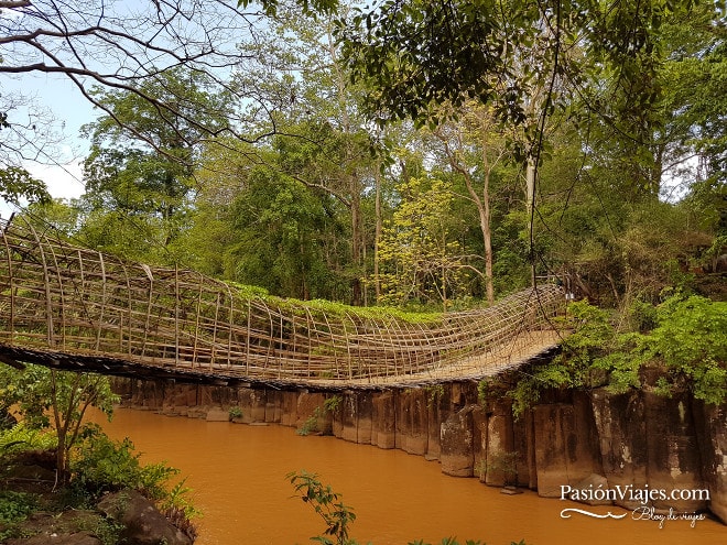 Puente de bambú para llegar al mirador de las cascadas Pha Suam.