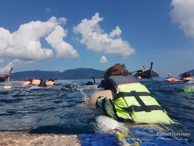 Todos nos teníamos de una cuerda para hacer snorkeling.