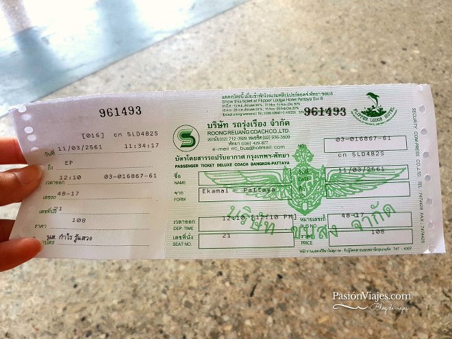 Ticket de bus de Bangkok a Pattaya, lo compré en el momento y no con antelación. 